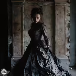 a woman is dressed in black and is looking down at her dress