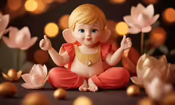 a small toy buddha sits among pink flowers
