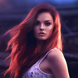 a pretty woman with long red hair and piercings,the woman has bright red hair and has a white top