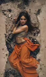 a girl lying in the mud wearing very long clothes