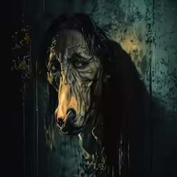 a very dirty looking dog staring ahead