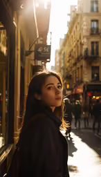 a girl looking into the sun, a side view from the street