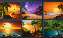 a series of images showing sunsets with a tropical tree,a series of different types of tropical scenes