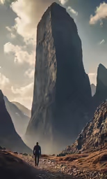 a man walks on a rocky pathway toward an enormous mountain peak