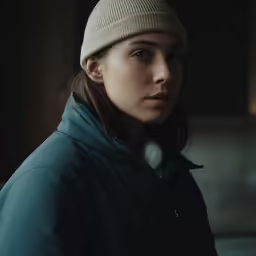 a woman is standing wearing a hat and looking to her right