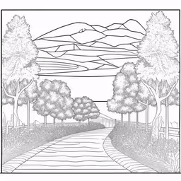 an empty path is shown in black and white,a road surrounded by trees in a field with mountains in the distance