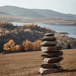 a stack of rocks on a hillside with some water in the background