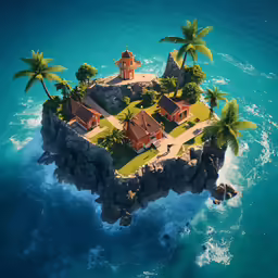 a small island in the ocean with a clock tower
