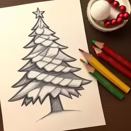 a drawing of a christmas tree is shown,the drawing of a christmas tree has a star on it,a christmas tree on a paper next to colored pencils and christmas balls,a drawing of a christmas tree next to colored pencils,a sketch of a christmas tree sitting on top of a desk