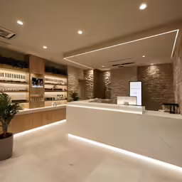 a white counter with some plants next to it