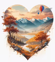 the heart is shaped with the photo of two hot air balloons in the mountains,a heart shaped photo with mountains, lake and trees
