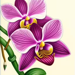 the branch of a purple flower has an intricate design,a pink flower has a long stem and a green stem