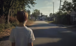 boy in white shirt looking down a residential street