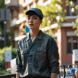 a woman wearing a hat and a green shirt is posing in front of some buildings