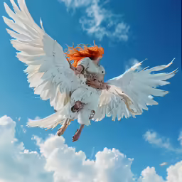 a white and red angel on a stuffed animal in the air