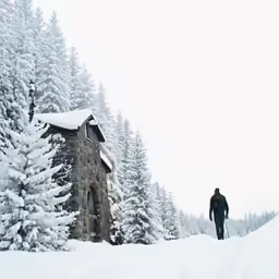 the man walks alone down the road past a cabin