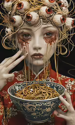 a woman with a large pile of noodles over her head