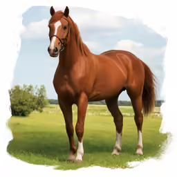 the brown horse is standing in a green field