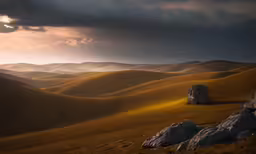 a landscape with hills and large rocks on the horizon