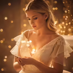 a woman in a wedding gown checks her phone