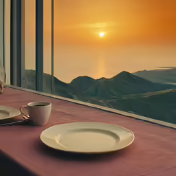 the plates are beside the cups on the table