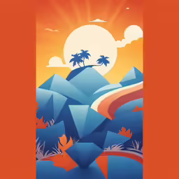 an illustration with an orange background and blue mountains with palm trees