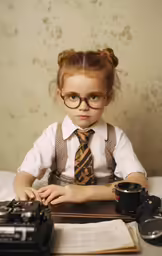 a little girl wearing glasses and tie sitting at a desk with old camera and book