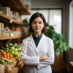 a woman in a white lab coat stands next to her grocery cart
