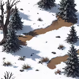 a snowy landscape with small trees and a trail