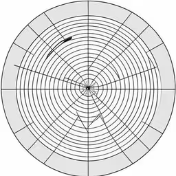 a circular object with multiple spokes at the center,a circular piece of metal on top of a table,a circular arrangement of objects with a line in it,an image of a drawing with a bird flying in the center of it,an object with a hole and a black line drawing