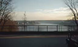 the trees in front of the metal fence are looking over the water