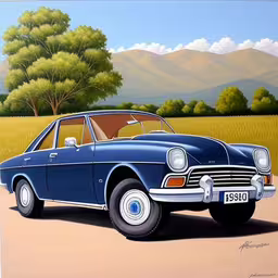 a painting of an old, blue car parked in a field,an old, blue convertible car with its doors open