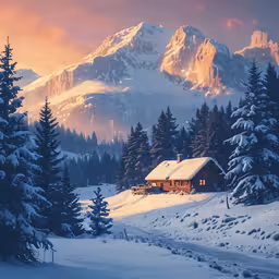 a cabin sits on top of the snow covered mountains