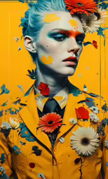 a woman with blue hair and flowers on her dress