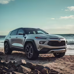a silver suv parked on the beach on a sunny day
