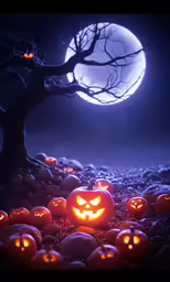 pumpkins in the grass near a tree with a full moon behind them