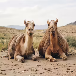 two camel laying on top of a desert plain