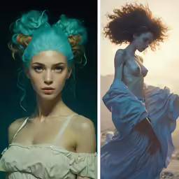 two photos side by side of an artistic photo and the same image of a beautiful woman with long hair in motion