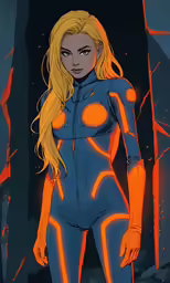 an animated character, with blonde hair, in a full body suit