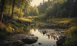 a forest, river and woods scene with sunlight coming on