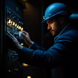 a man wearing a blue hard hat is fixing a switchescroll