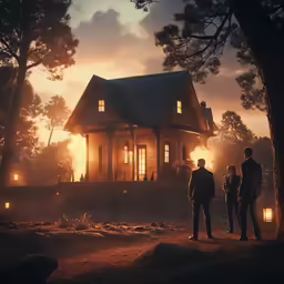 two people standing outside a house during sunset