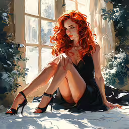 a painting of a red headed girl in black,the girl is sitting down by the window