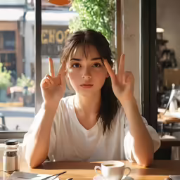 an asian woman posing for a photo at a table