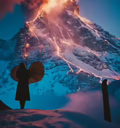 a person holding an umbrella standing in front of a snow covered mountain