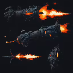 several different types of gloves, which are on fire