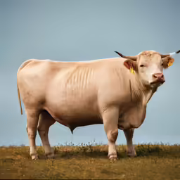 a cow with horns and yellow tags stands in the grass