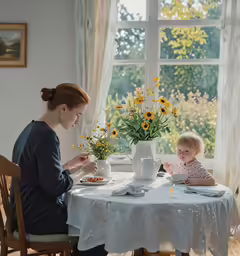 a woman sits at the table and feeds a little girl a cup