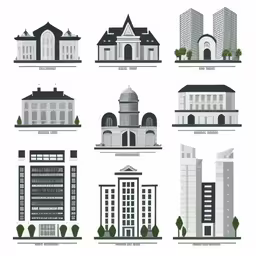 a group of buildings with windows on them,various architectural drawings of buildings in different designs