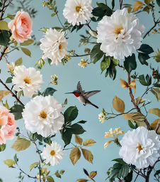 a humming bird is flying over the flowers